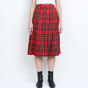 Vintage Red Plaid Wool Pleated High Waist Midi Skirt S